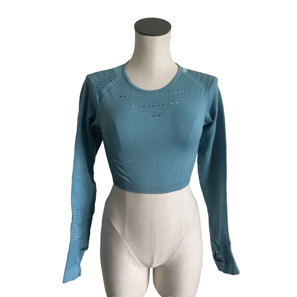 Gymshark Crop Top Flawless Knit Long Sleeve Seamless Teal Thumbholes Medium